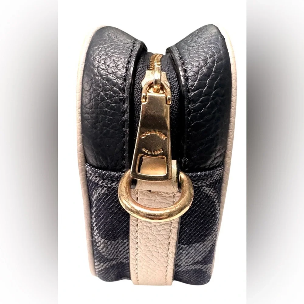 Coach Mini Dempsey Camera Bag in Signature Denim with Rainbow Web Strap